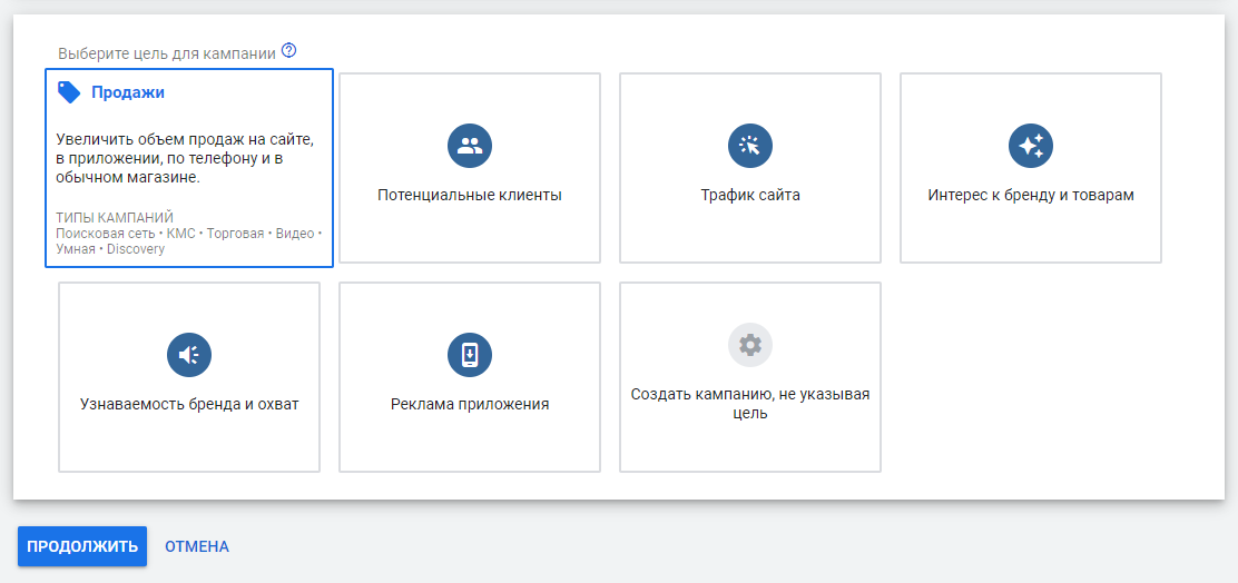 Типы кампаний для цели Продажи